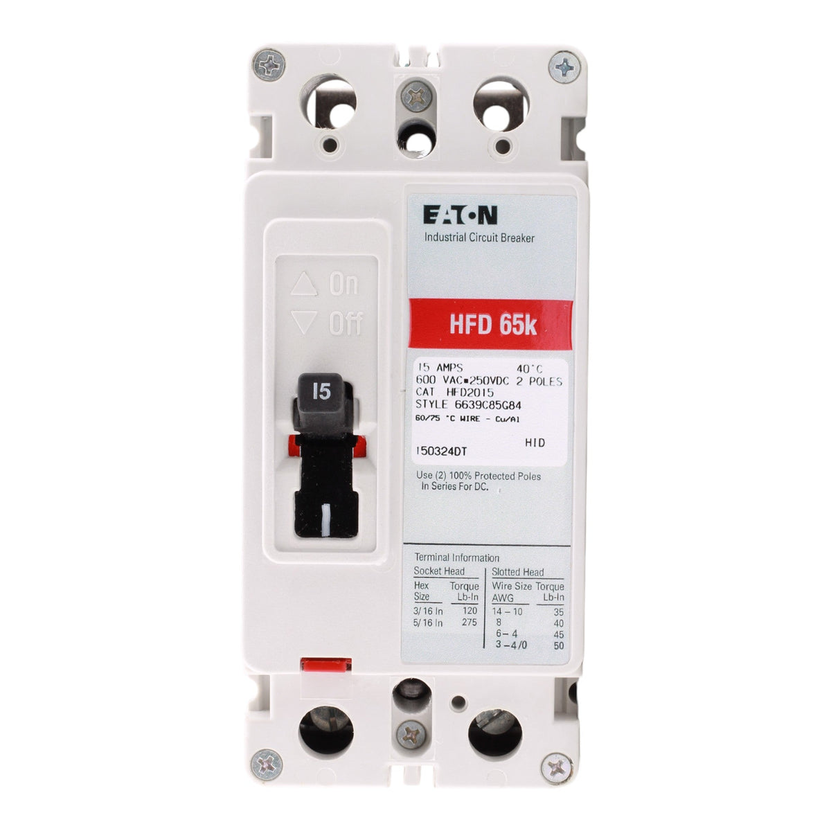 Eaton Series C HFD2015 15A 2P 600V Molded Case Circuit Breaker - Image 3