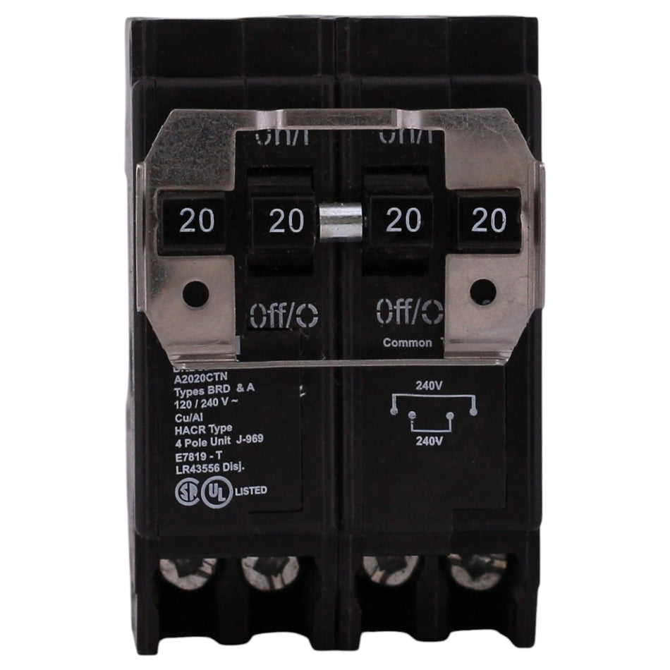 Eaton BRD, BRDC220220, 20A, 4P, 120/240V, Quadplex, Plug-On, Non-CTL, Circuit Breaker - Image 2