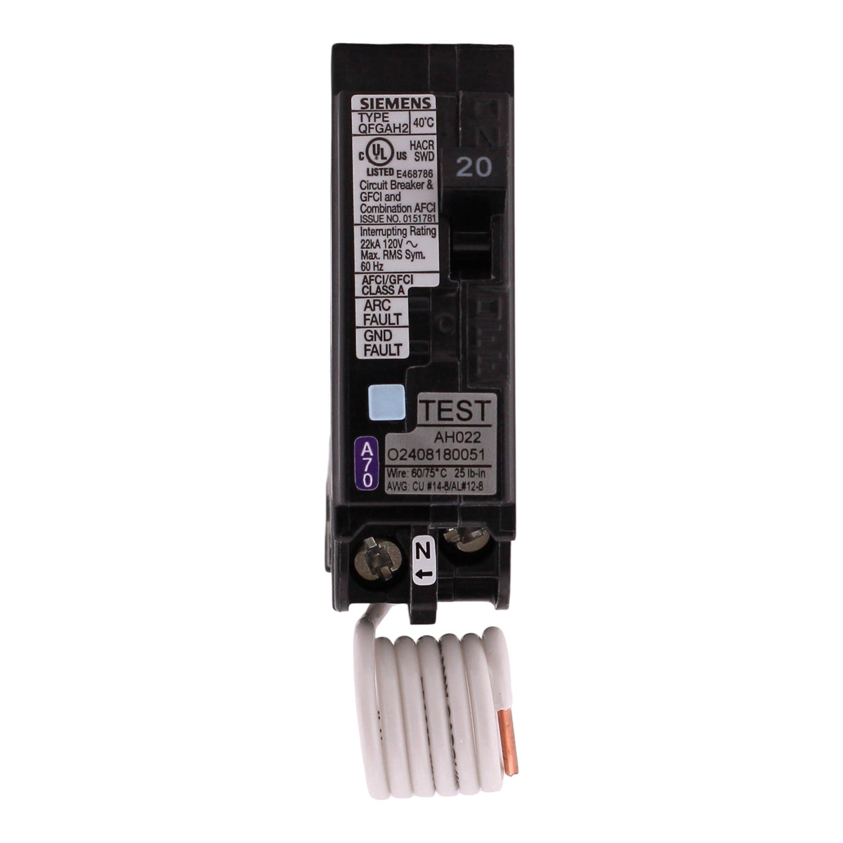 Siemens QFGA2, Q120DFH, 20A, 1P, 120V, Dual Function AFCI/GFCI, Pigtail Neutral, Circuit Breaker - Image 6