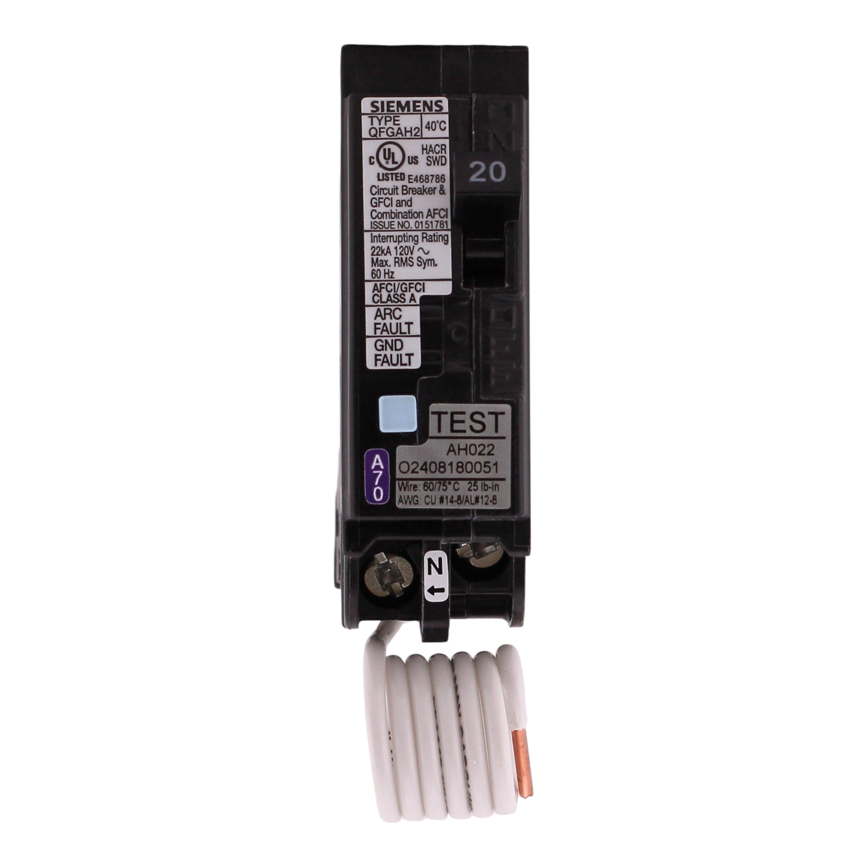 Siemens QFGA2, Q120DFH, 20A, 1P, 120V, Dual Function AFCI/GFCI, Pigtail Neutral, Circuit Breaker - Image 6