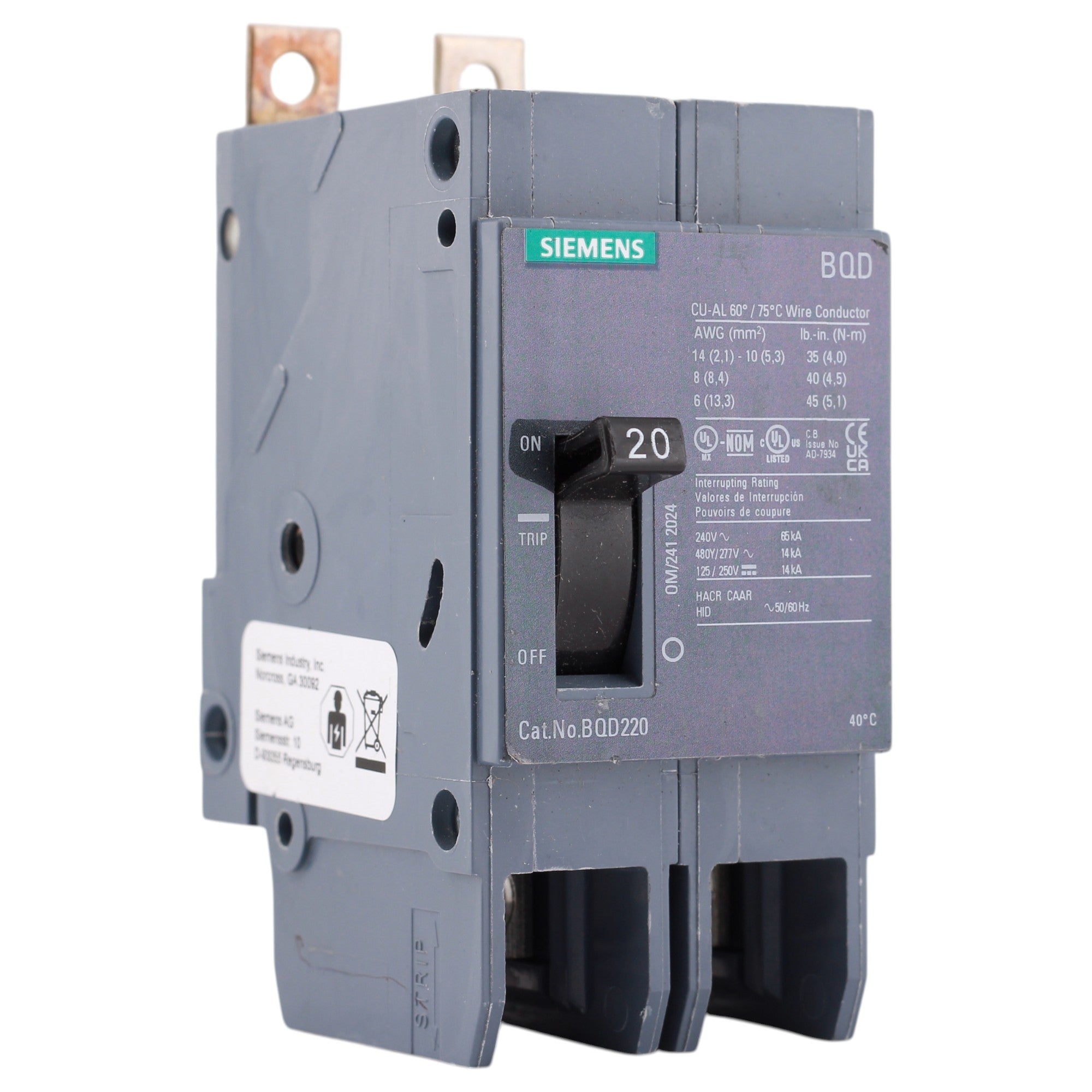 Siemens BQD, BQD220, 20A, 2P, 480V, Thermal Magnetic, Bolt-On, Circuit Breaker