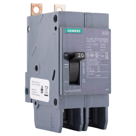 Siemens BQD, BQD220, 20A, 2P, 480V, Thermal Magnetic, Bolt-On, Circuit Breaker