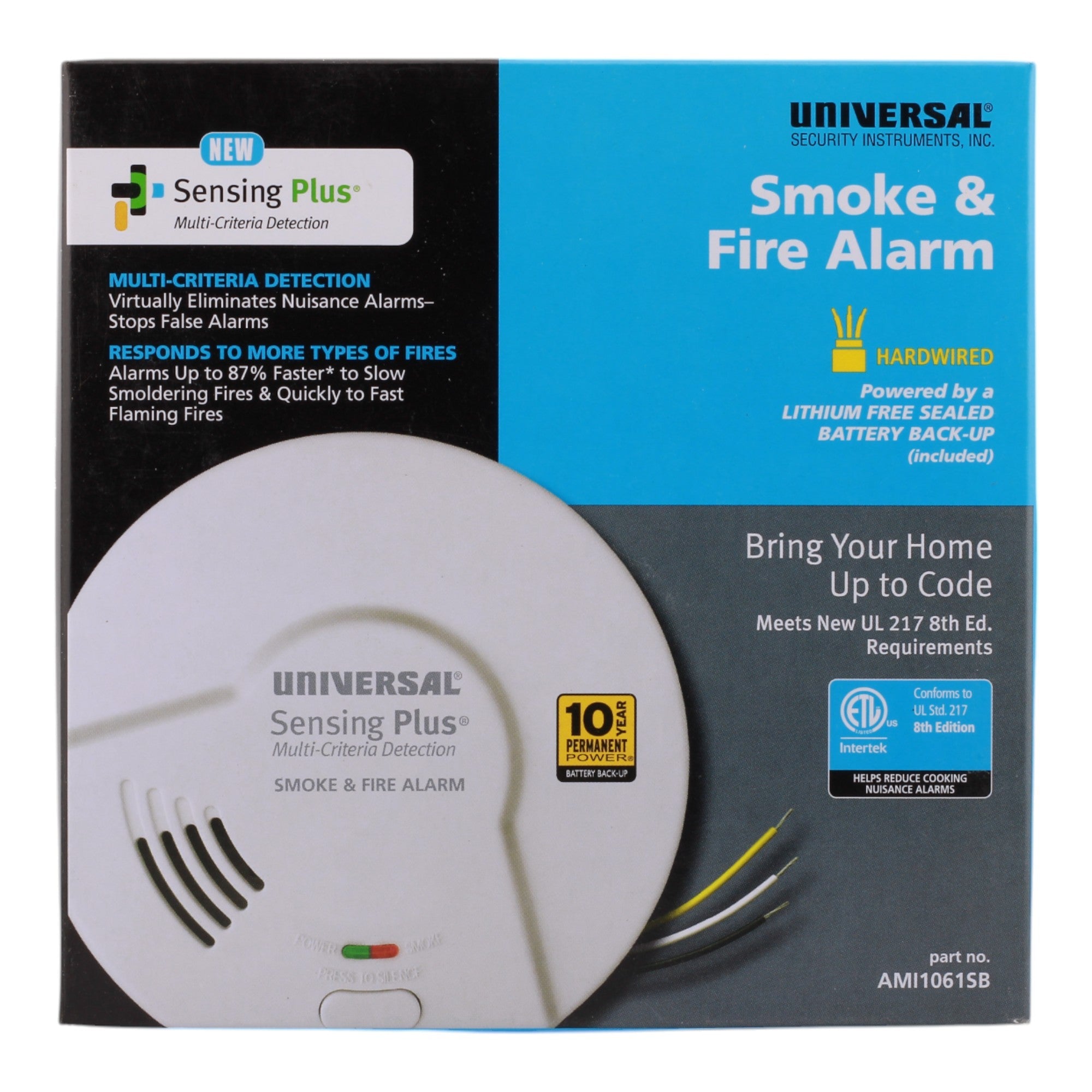 Universal Security Instruments AMI1061SB, Hardwired Smoke and Fire Alarm, 10-Year Battery Backup, Dual Sensor, Interconnectable