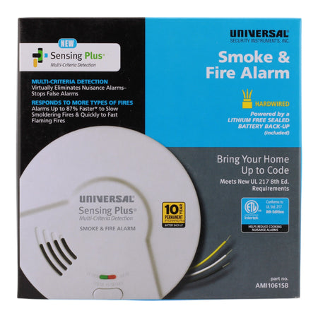 Universal Security Instruments AMI1061SB, Hardwired Smoke and Fire Alarm, 10-Year Battery Backup, Dual Sensor, Interconnectable