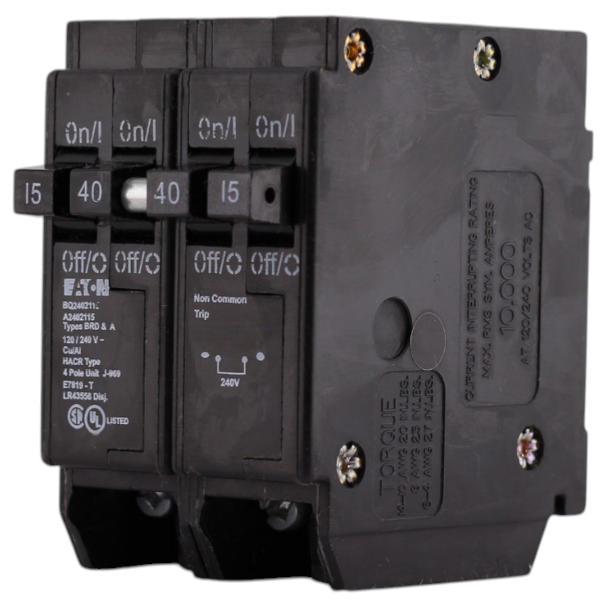 Eaton BR, BQ2402115, 15/40A, 4P, 120/240V, 10kAIC, CTL Quadplex, Plug-On, Circuit Breaker - Image 3