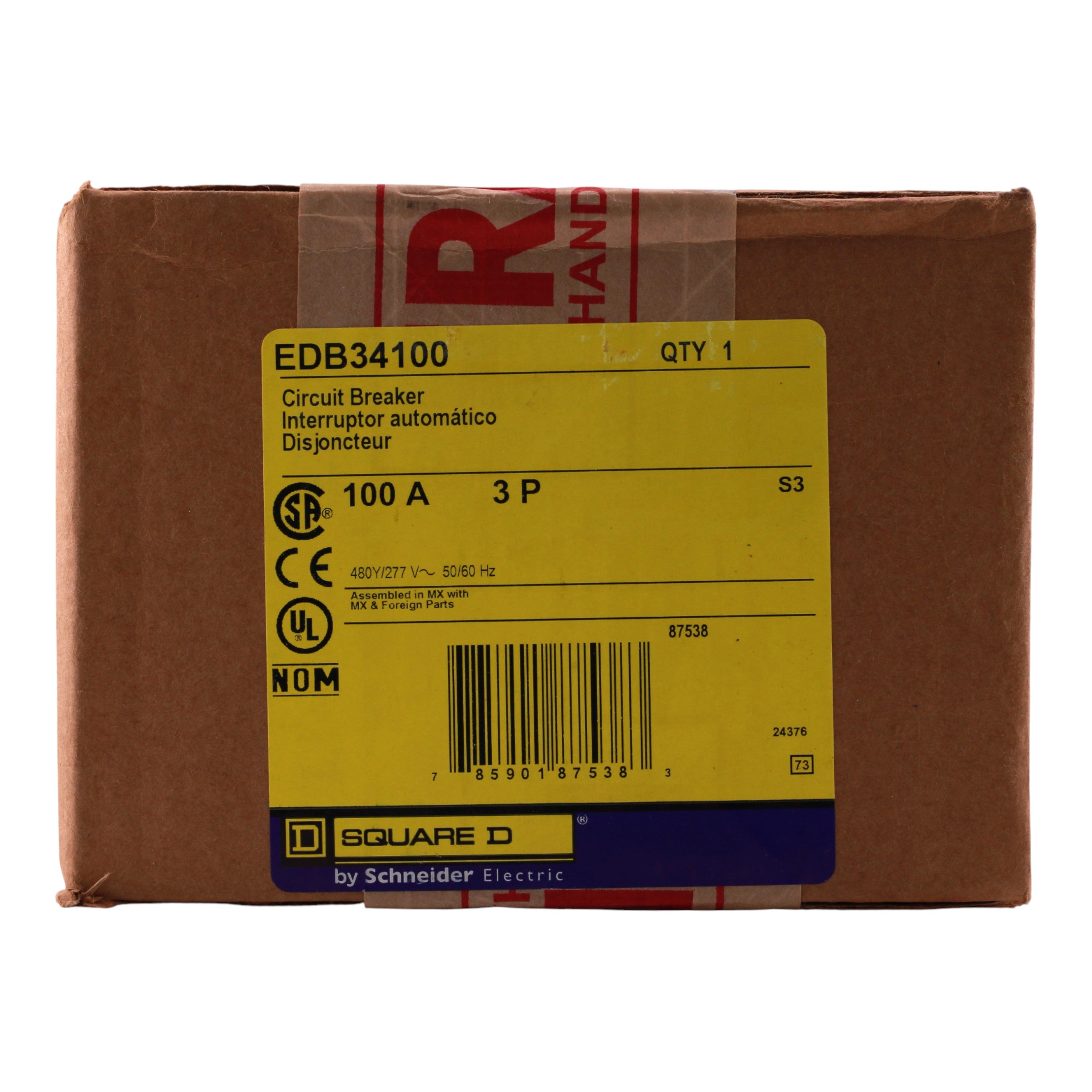 Square D E-Frame EDB34100 100A 3P 480Y/277V Thermal-Magnetic Bolt-On Circuit Breaker - Image 3