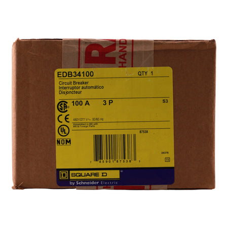 Square D E-Frame EDB34100 100A 3P 480Y/277V Thermal-Magnetic Bolt-On Circuit Breaker - Image 3