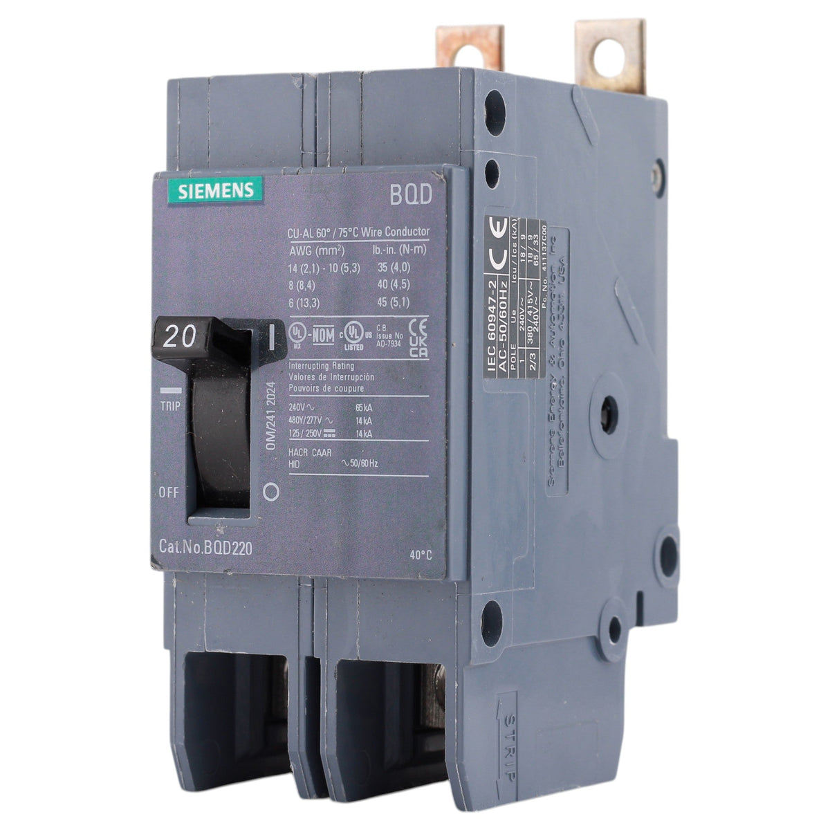 Siemens BQD, BQD220, 20A, 2P, 480V, Thermal Magnetic, Bolt-On, Circuit Breaker - Image 3