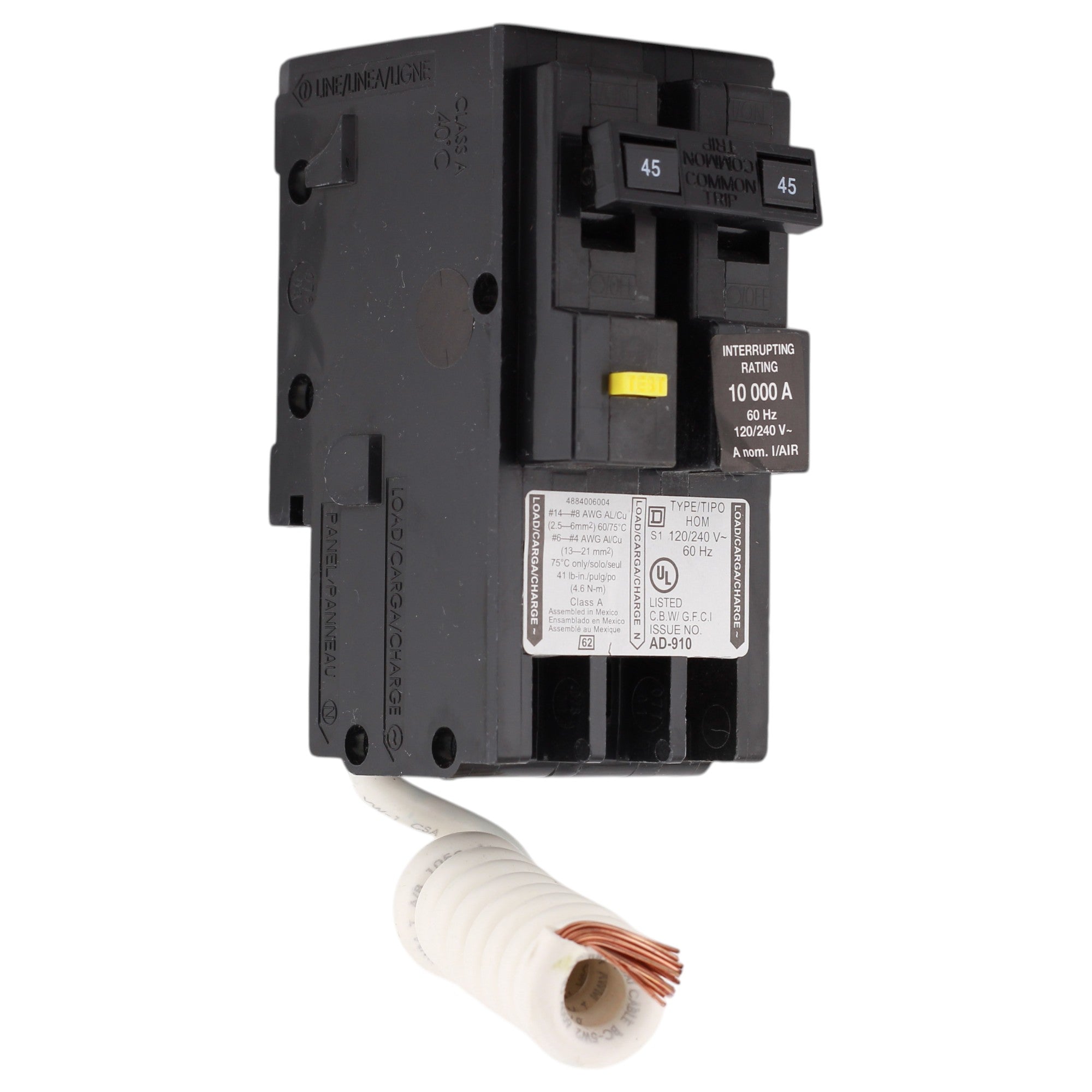 Square D Homeline, HOM245GFI, 45A, 2P, 120/240V, GFCI, Pigtail Neutral, Circuit Breaker