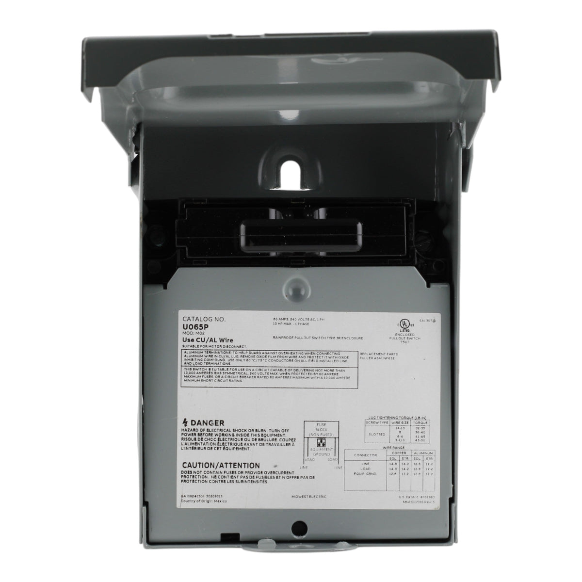 Midwest Electric U065P 60A 1P 10HP AC Disconnect N3R - Image 8