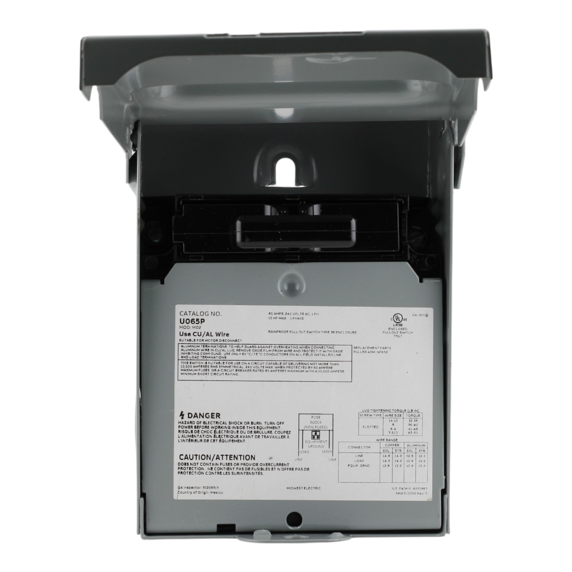 Midwest Electric U065P 60A 1P 10HP AC Disconnect N3R - Image 8