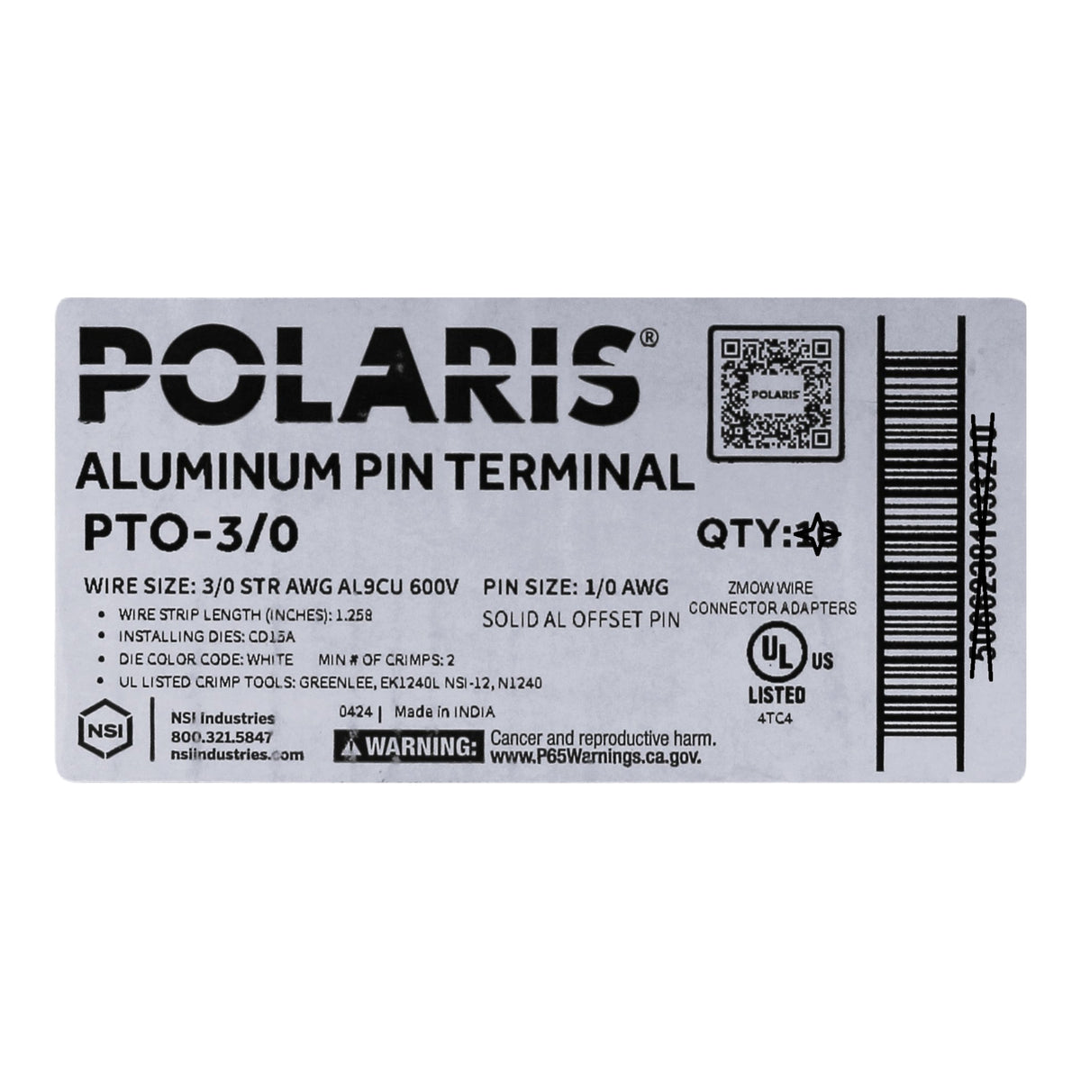 NSI Polaris, PTO-3/0, 3/0 AWG, 1/0 AWG Aluminum Pin, Offset Compression Pin Terminal, White - Image 3