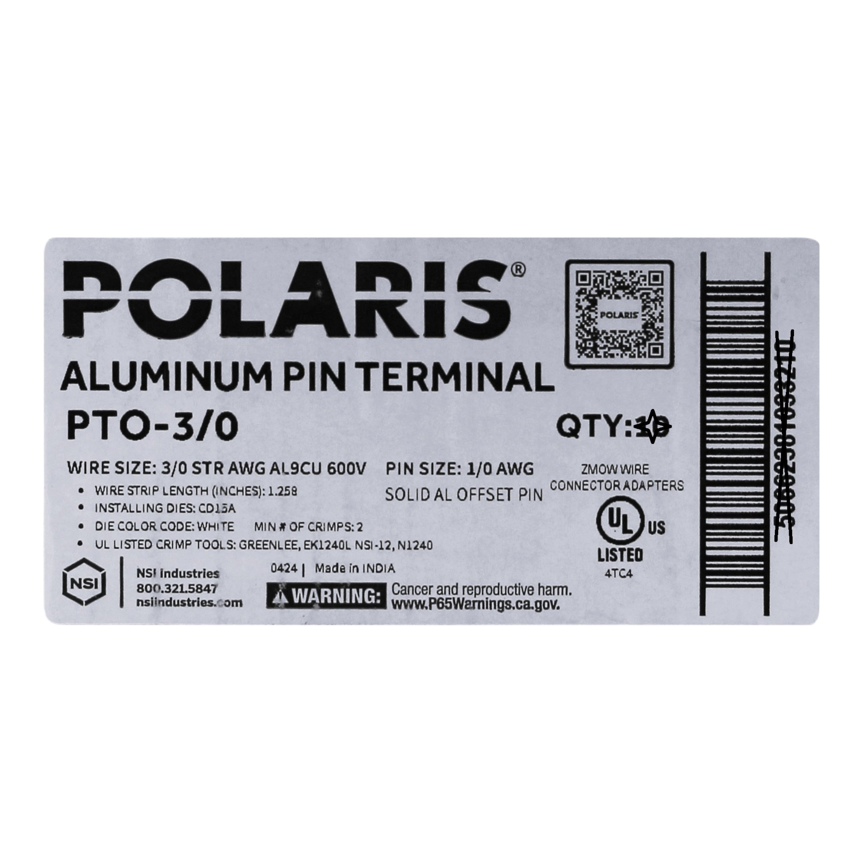 NSI Polaris, PTO-3/0, 3/0 AWG, 1/0 AWG Aluminum Pin, Offset Compression Pin Terminal, White - Image 3