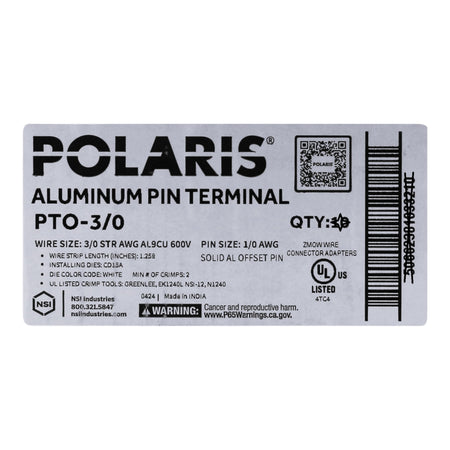NSI Polaris, PTO-3/0, 3/0 AWG, 1/0 AWG Aluminum Pin, Offset Compression Pin Terminal, White - Image 3