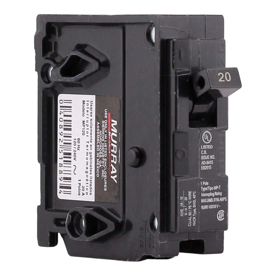 Murray MP120 20A 120V 1-Pole Miniature Thermal Magnetic Circuit Breaker, Compatible with Murray and Siemens Load Centers