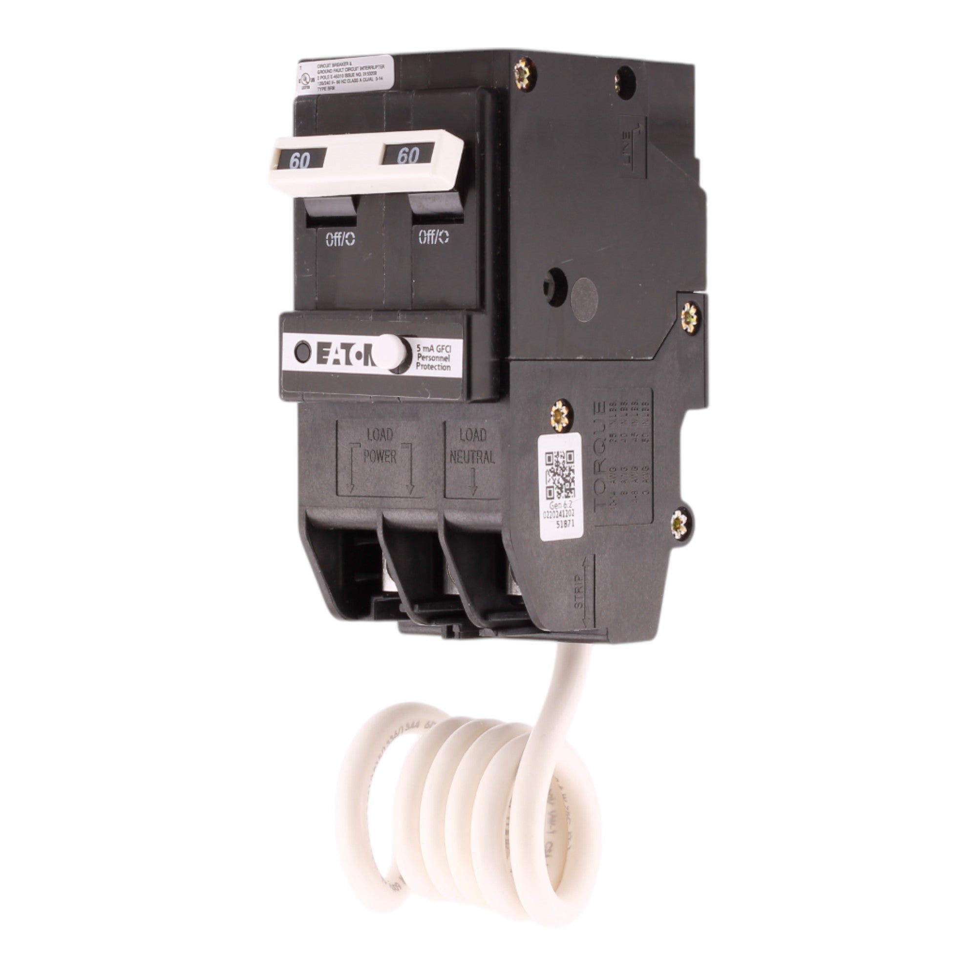 Eaton BR BRN260GF 60A 2P 120/240V GFCI Pigtail Neutral Circuit Breaker - Image 9