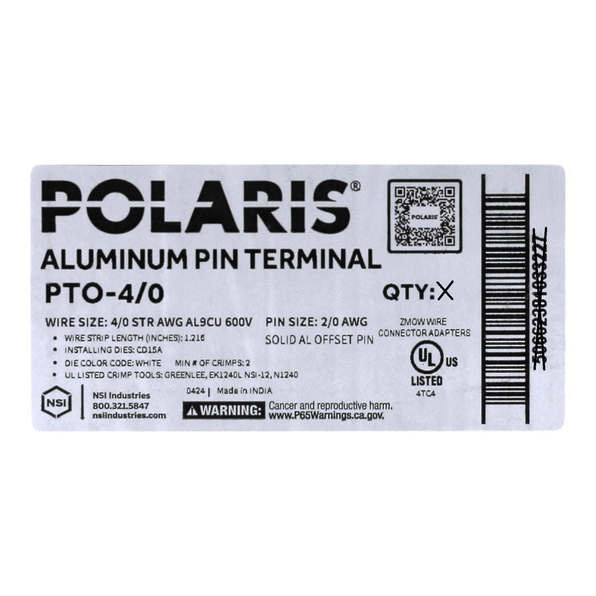 NSI Polaris, PTO-4/0, 4/0 AWG, 2/0 AWG Aluminum Pin, Offset Compression Pin Terminal, White - Image 3