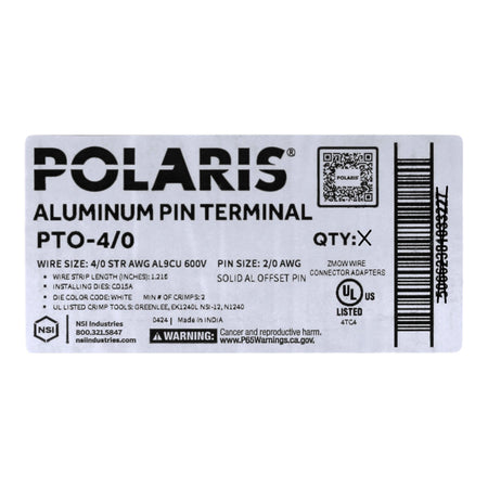 NSI Polaris, PTO-4/0, 4/0 AWG, 2/0 AWG Aluminum Pin, Offset Compression Pin Terminal, White - Image 3