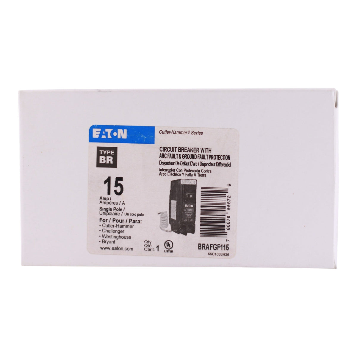 Eaton BR, BRAFGF115, 15A, 1P, 120V, AFCI/GFCI, Pigtail Neutral, Circuit Breaker - Image 3