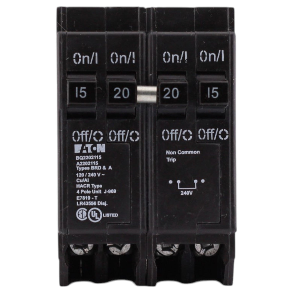 Eaton BR, BQ2202115, 15A/20A, 4P, 120/240V, Quadplex, Plug-On, Circuit Breaker - Image 2