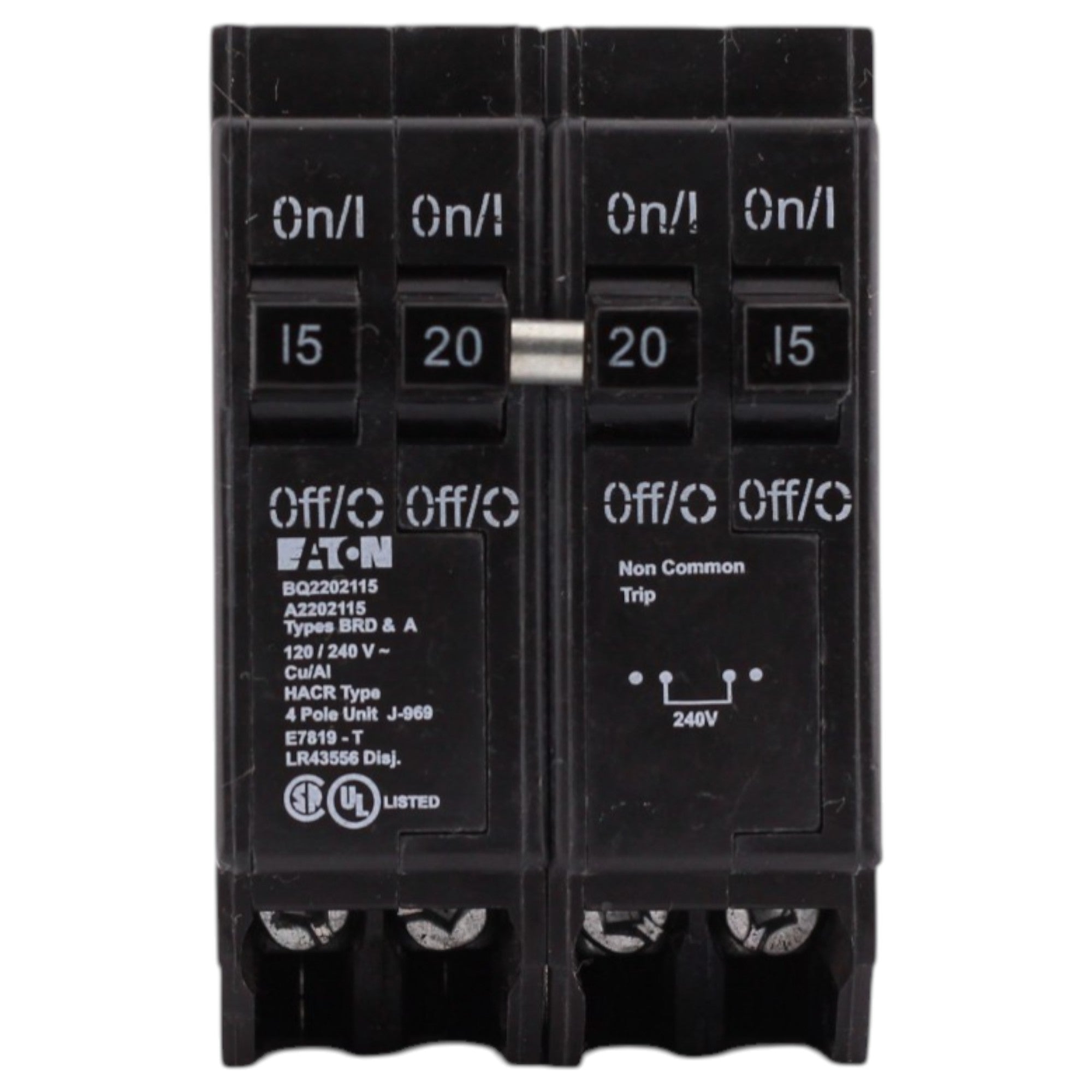 Eaton BR, BQ2202115, 15A/20A, 4P, 120/240V, Quadplex, Plug-On, Circuit Breaker - Image 2