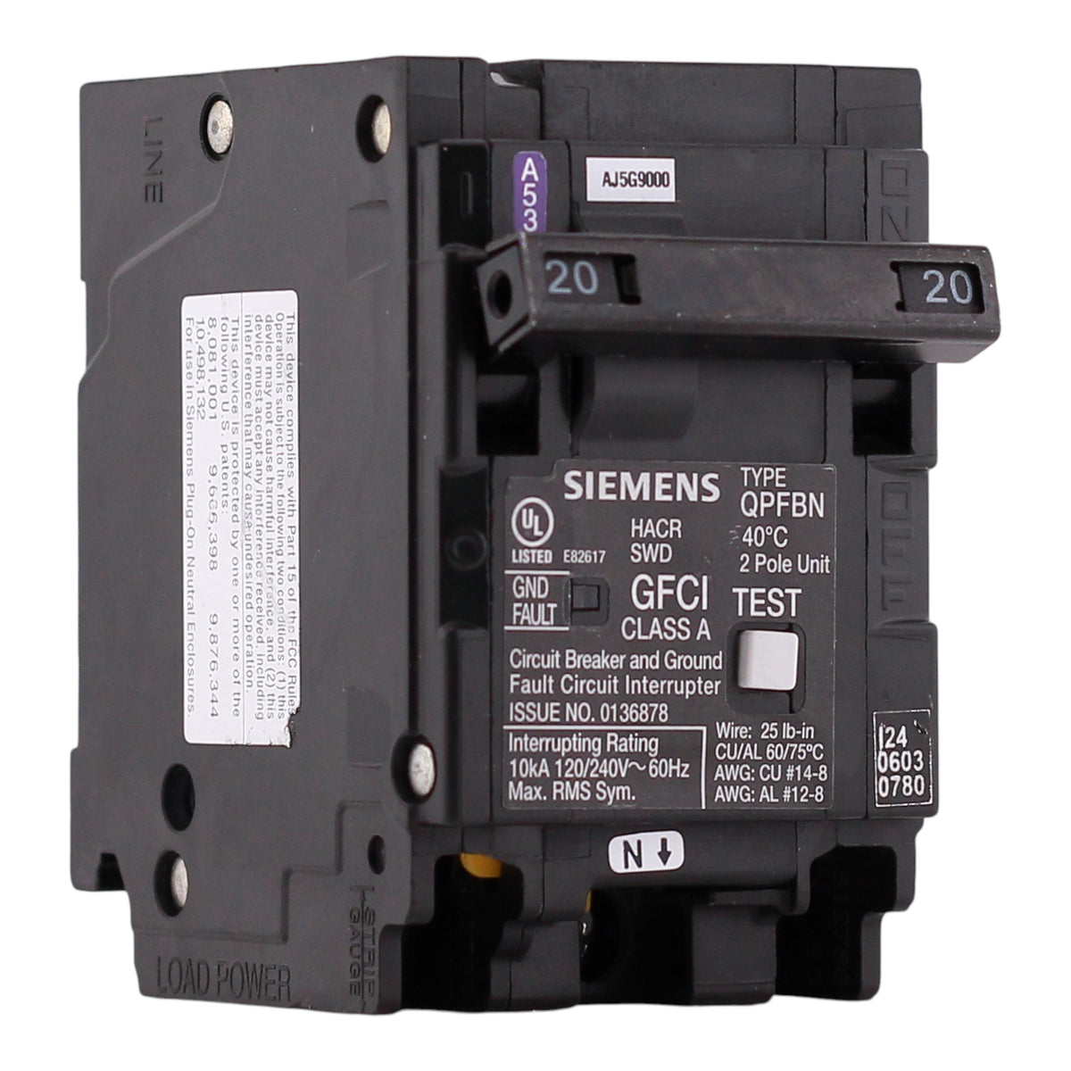 Siemens QP, Q220GFN, 20A, 2P, 120/240V, GFCI, Plug-On Neutral, Circuit Breaker
