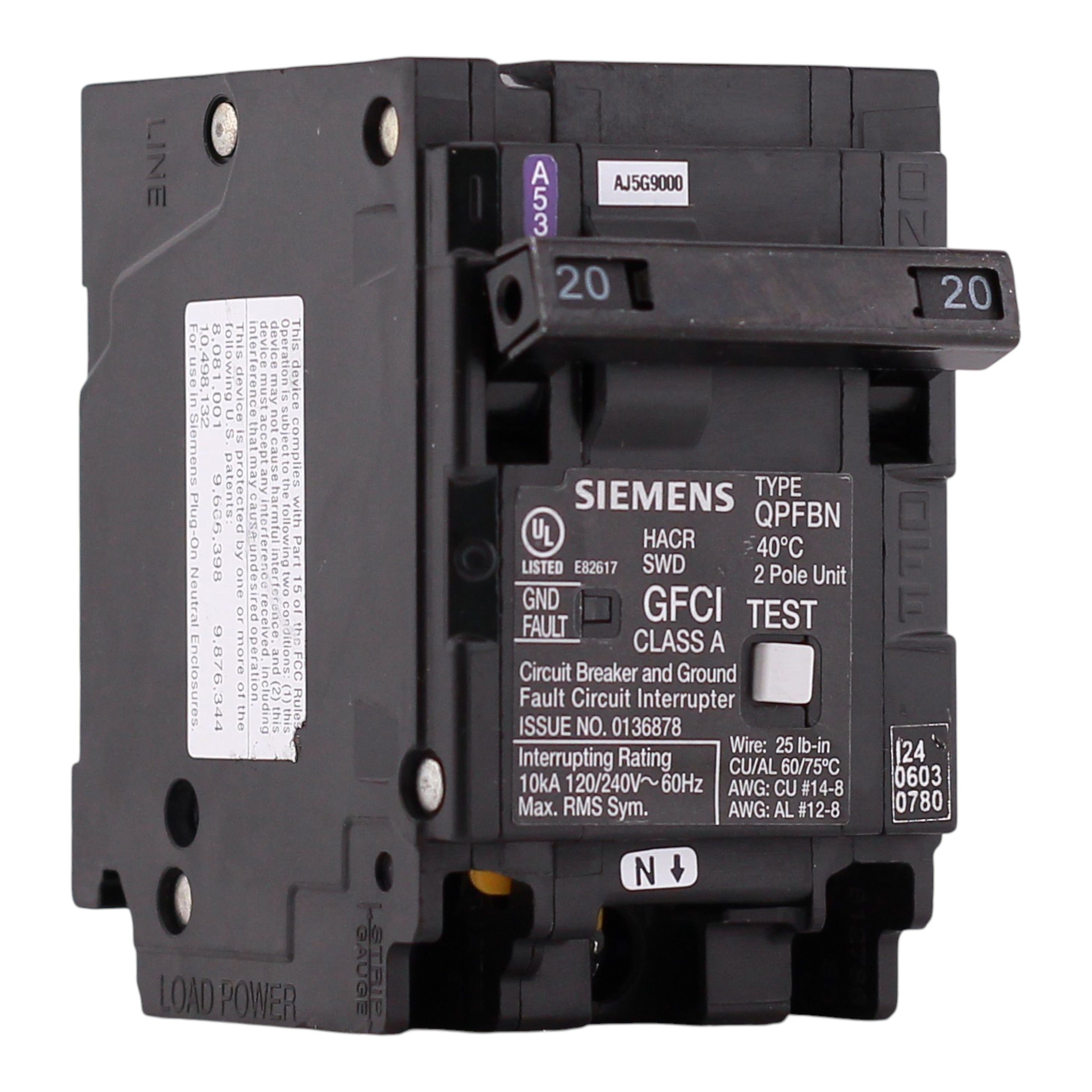 Siemens QP, Q220GFN, 20A, 2P, 120/240V, GFCI, Plug-On Neutral, Circuit Breaker
