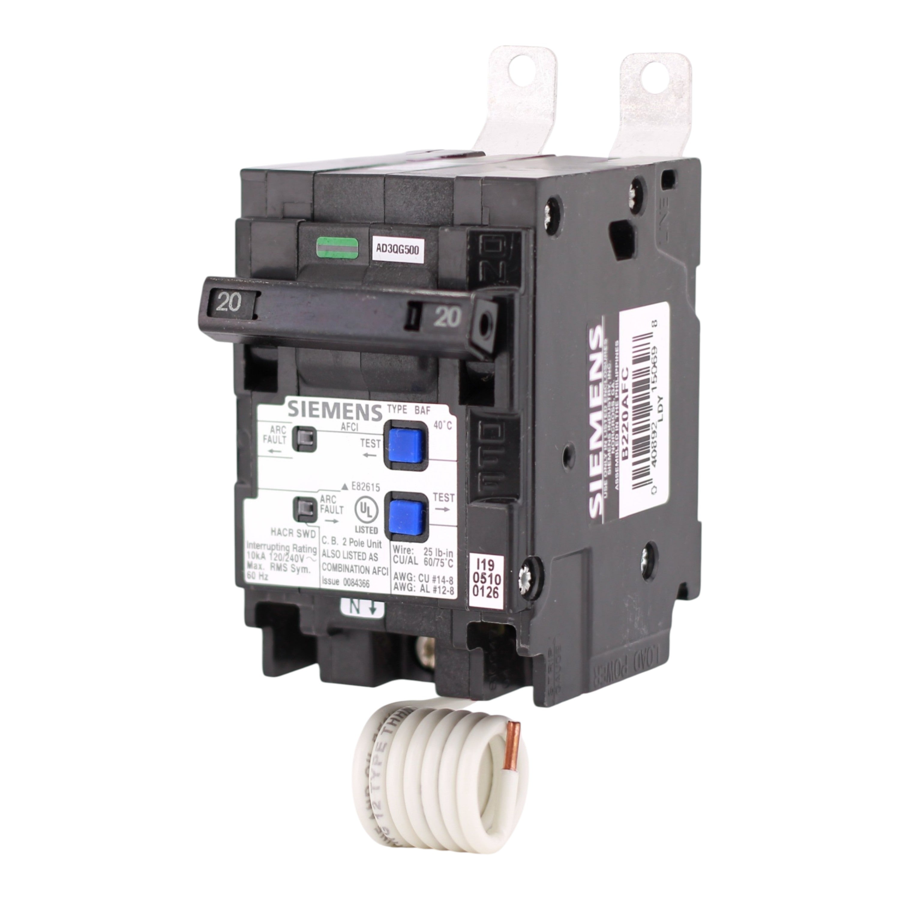 Siemens BAF, B220AFC, 20A, 2P, 120/240V, AFCI, Pigtail Neutral, Panelboard Circuit Breaker - Image 2