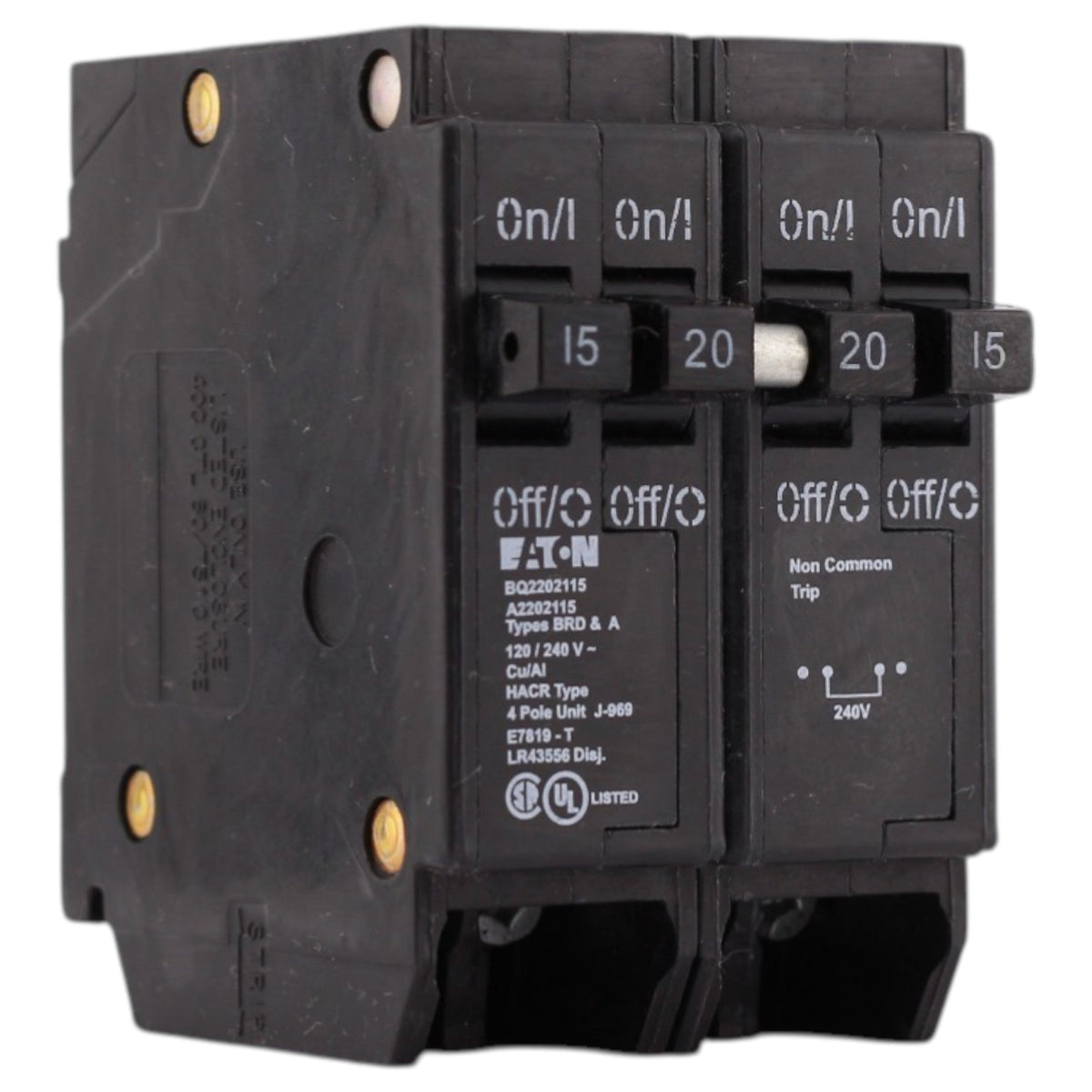Eaton BR, BQ2202115, 15A/20A, 4P, 120/240V, Quadplex, Plug-On, Circuit Breaker