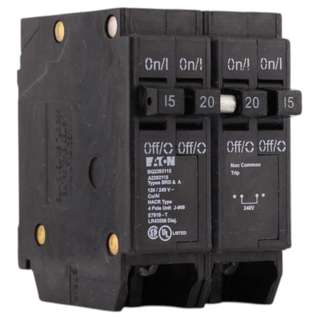 Eaton BR, BQ2202115, 15A/20A, 4P, 120/240V, Quadplex, Plug-On, Circuit Breaker