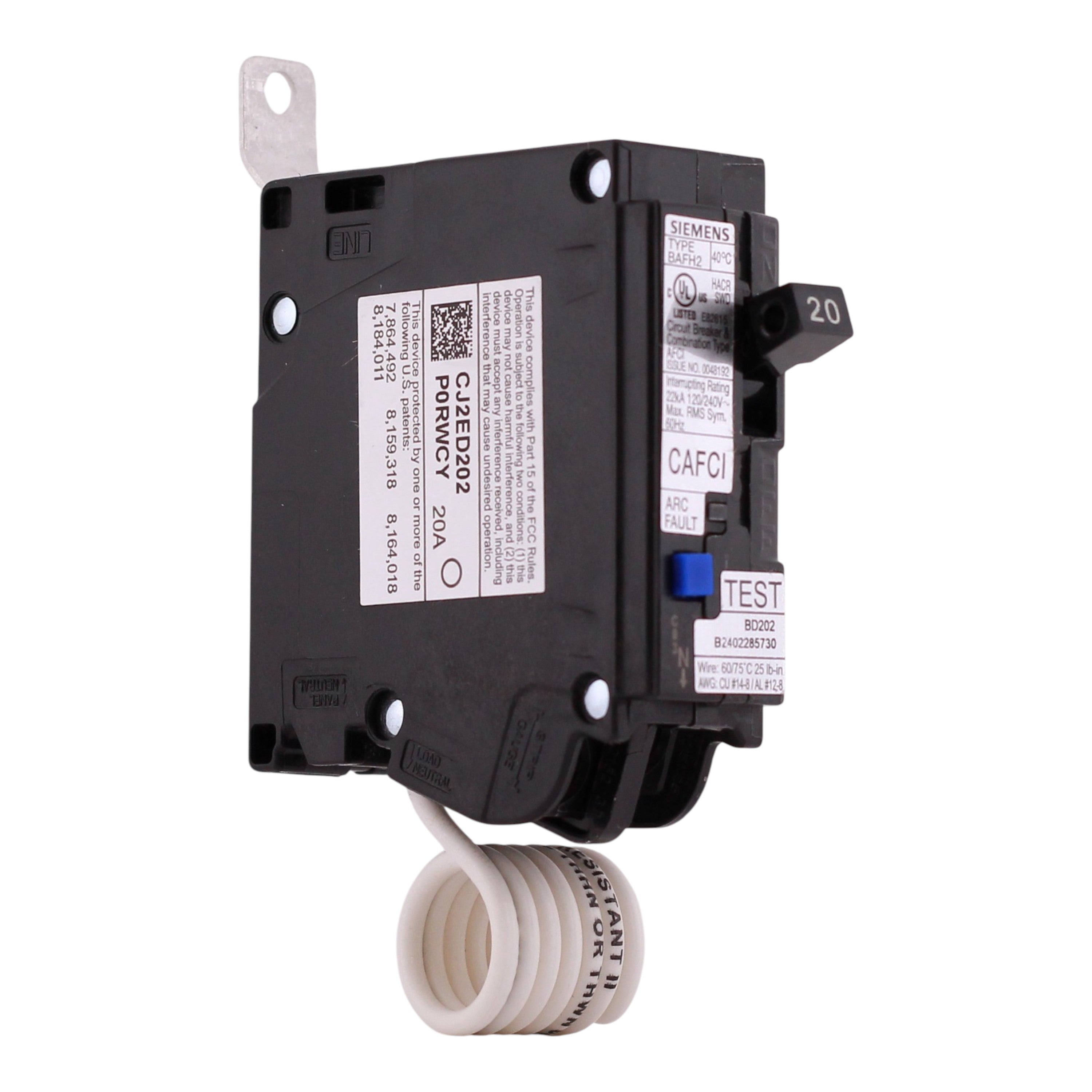 Siemens BA120AFCH, 20A, 1P, 120V, CAFCI, Pigtail Neutral, Circuit Breaker