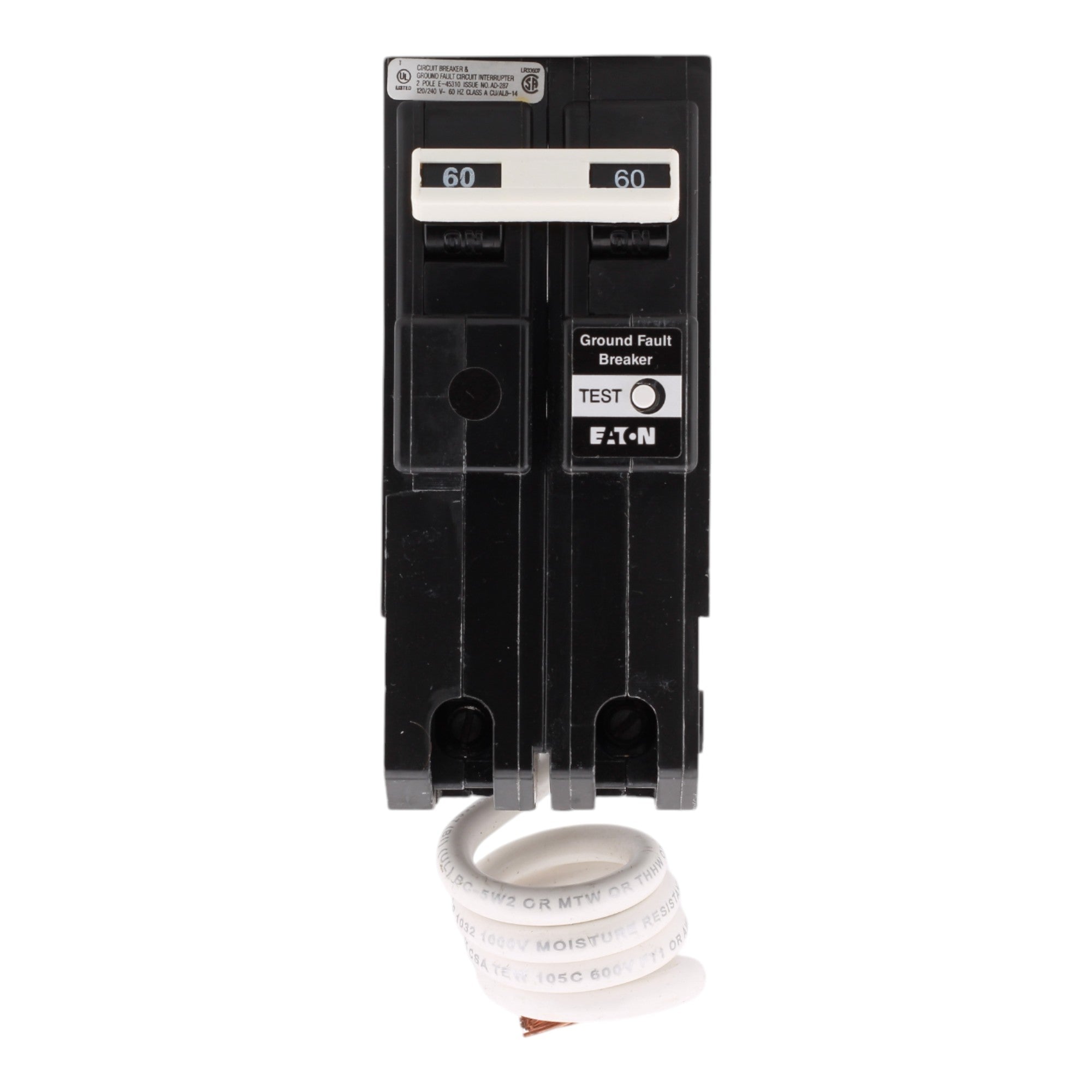 Eaton GFTCB260, 60A, 120/240V, 2-Pole GFCI Circuit Breaker, Ground Fault Self-Test, Plug-On, for BR Load Centers - Image 2