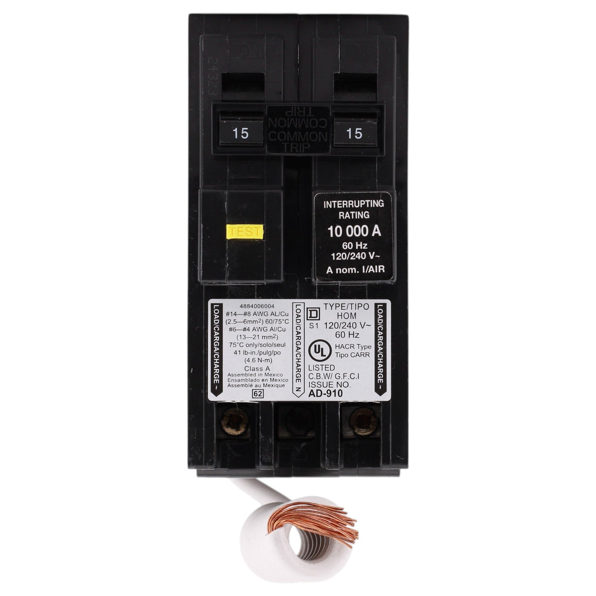 Square D Homeline, HOM215GFI, 15A, 2P, 120/240V, GFCI, Pigtail Neutral, Circuit Breaker - Image 2