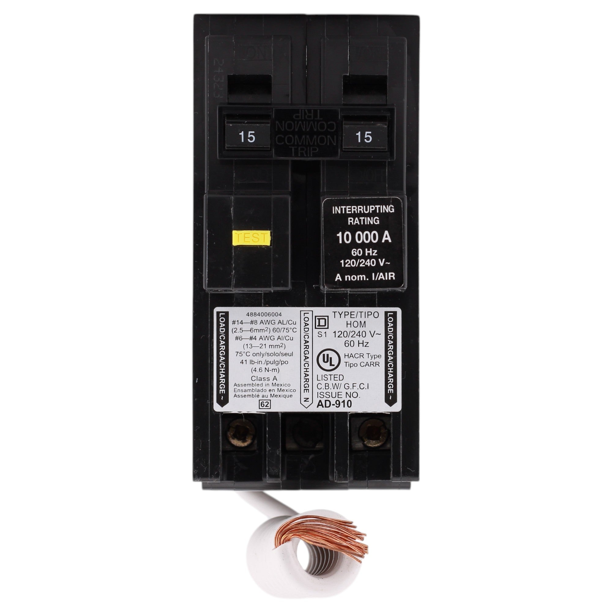 Square D Homeline, HOM215GFI, 15A, 2P, 120/240V, GFCI, Pigtail Neutral, Circuit Breaker - Image 2