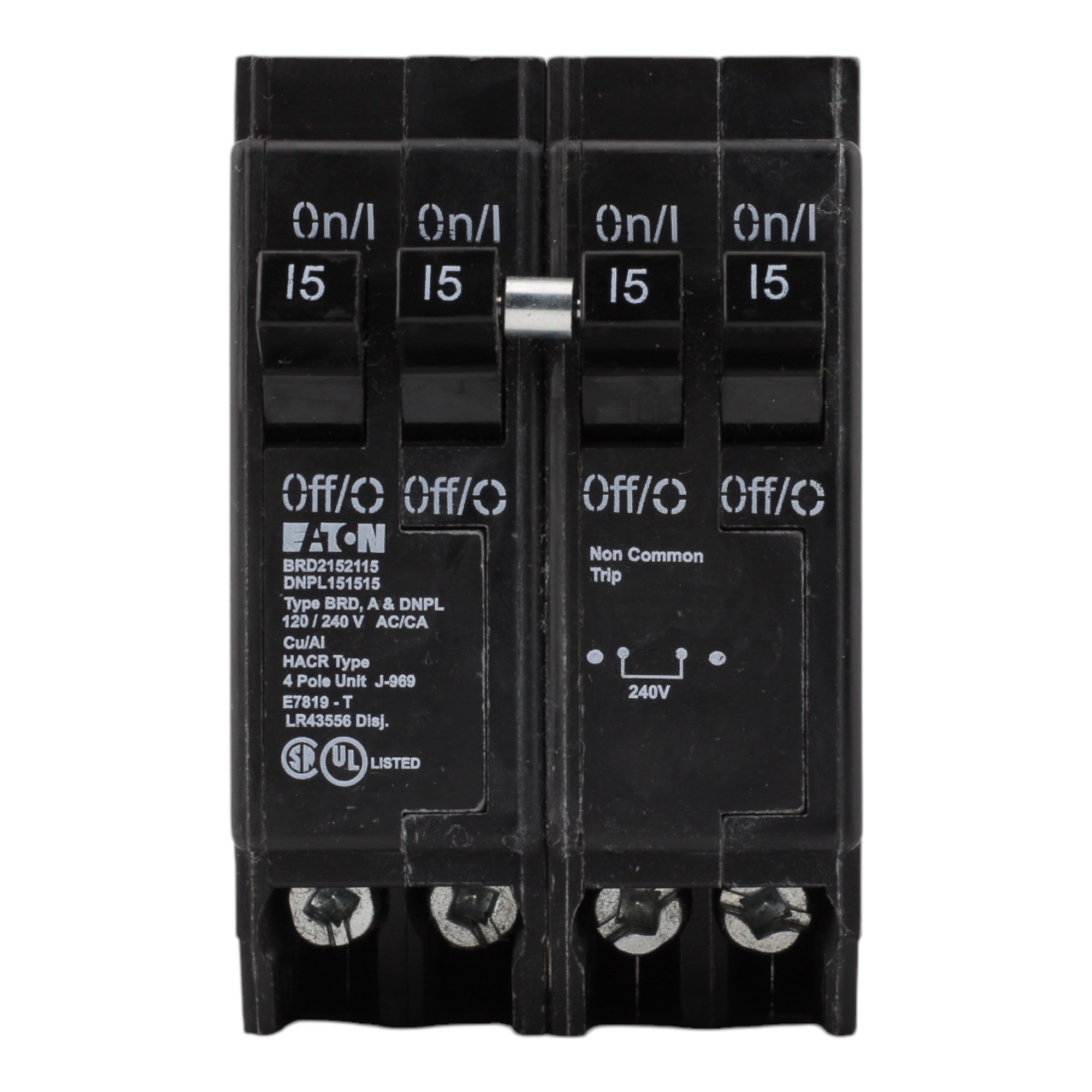 Eaton BRD2152115, 15A, 120/240V, Quad Circuit Breaker, 2 1-Pole, 1 2-Pole, Plug-In, for Eaton, Bryant, Westinghouse Panels - Image 2