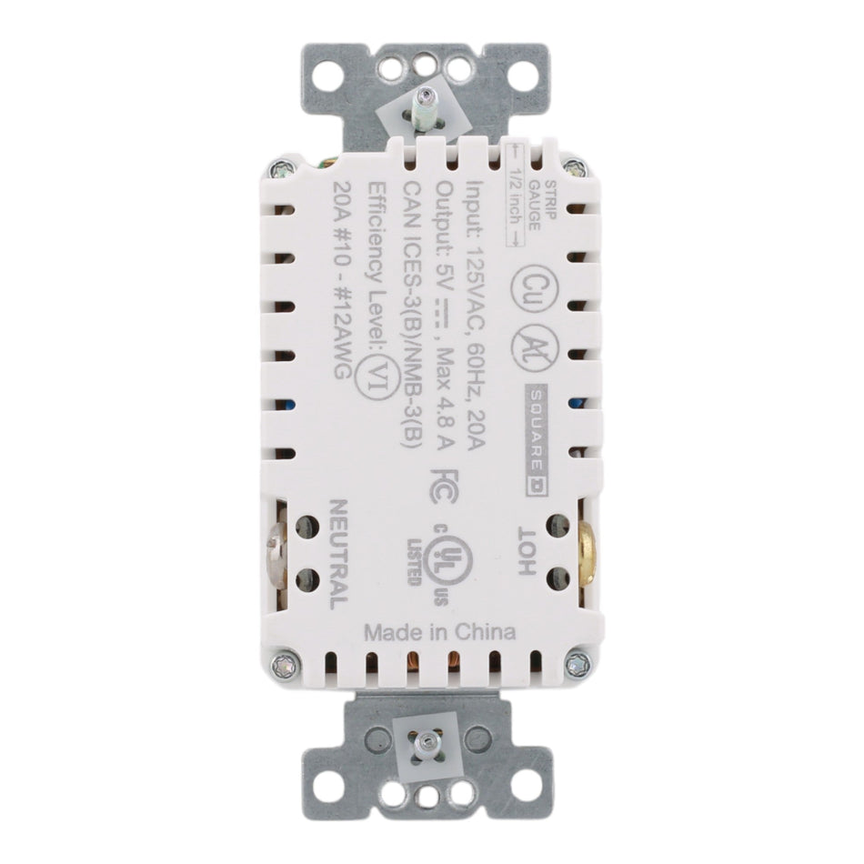 Square D SQR55241WH X Series 20A 125V Duplex Tamper Resistant USB Outlet, Matte White - Image 2