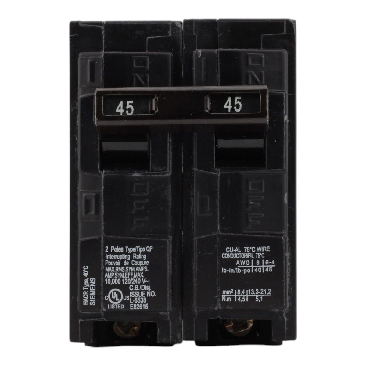 Siemens Q245 45A 120/240V 2-Pole Thermal Magnetic Circuit Breaker, Plug-In, 10kA Interrupt, Type QP - Image 2