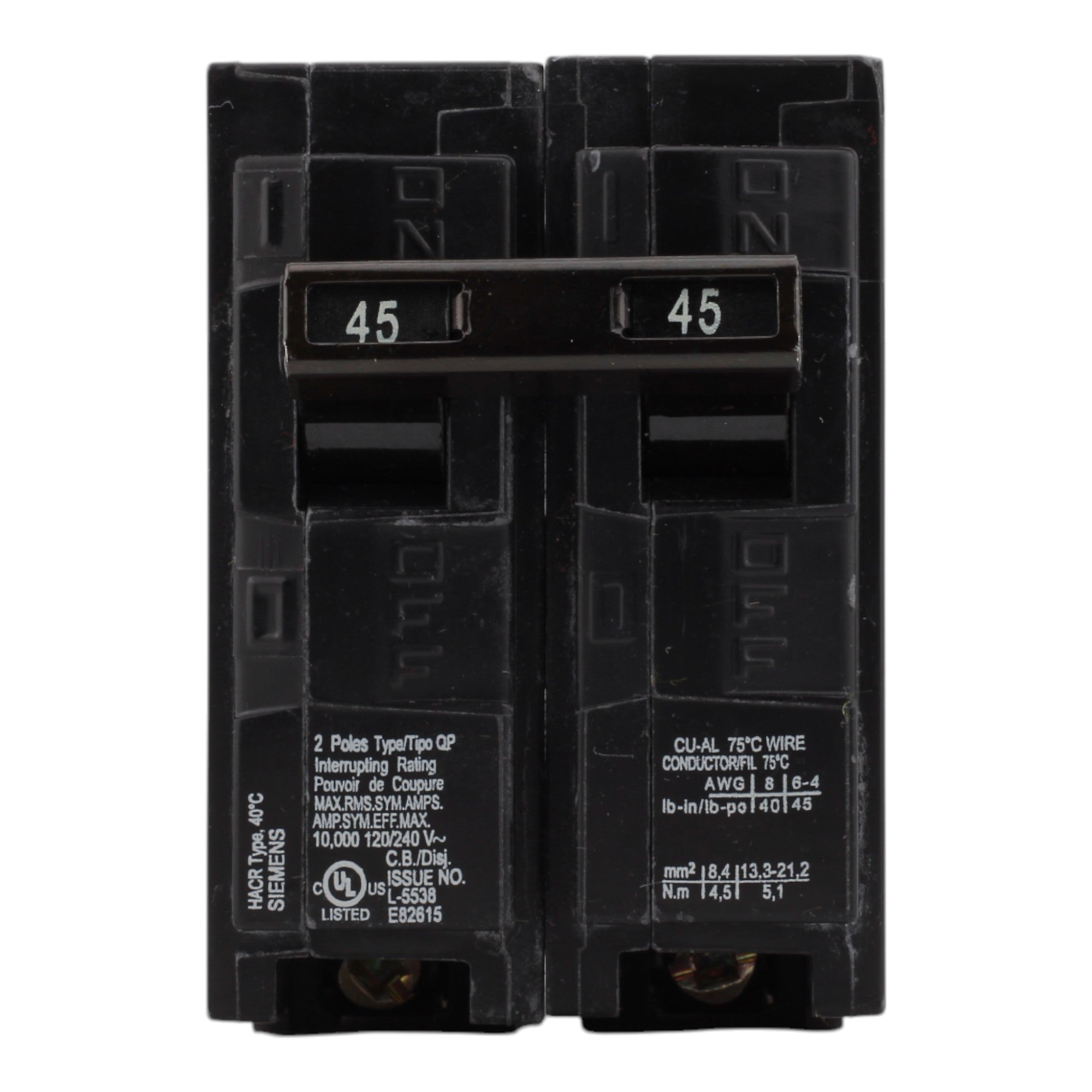Siemens Q245 45A 120/240V 2-Pole Thermal Magnetic Circuit Breaker, Plug-In, 10kA Interrupt, Type QP - Image 2