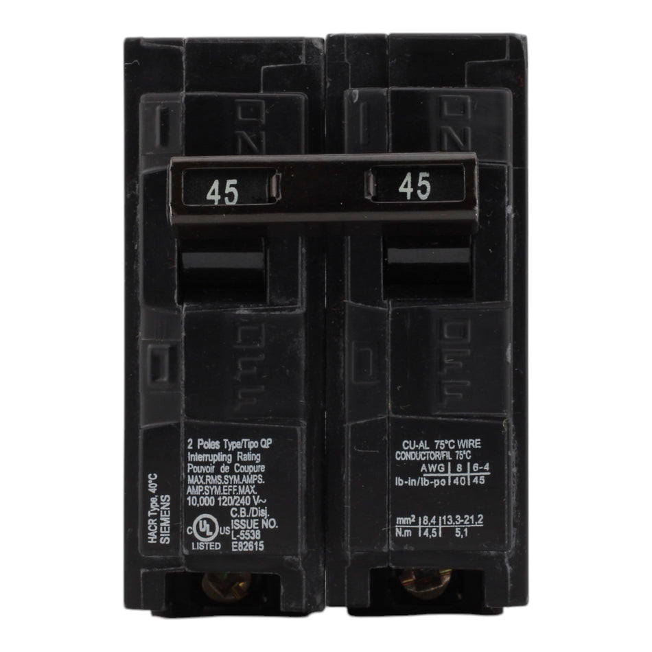 Siemens Q245 45A 120/240V 2-Pole Thermal Magnetic Circuit Breaker, Plug-In, 10kA Interrupt, Type QP - Image 2