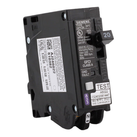Siemens QF120AN, 20 Amp, 120 Volt, Single Pole, GFCI Circuit Breaker, Plug-In Neutral Connection, For Siemens Type EQ, EQL, SEQ Load Centers