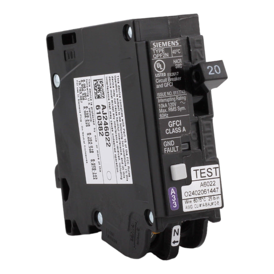 Siemens QF120AN, 20 Amp, 120 Volt, Single Pole, GFCI Circuit Breaker, Plug-In Neutral Connection, For Siemens Type EQ, EQL, SEQ Load Centers