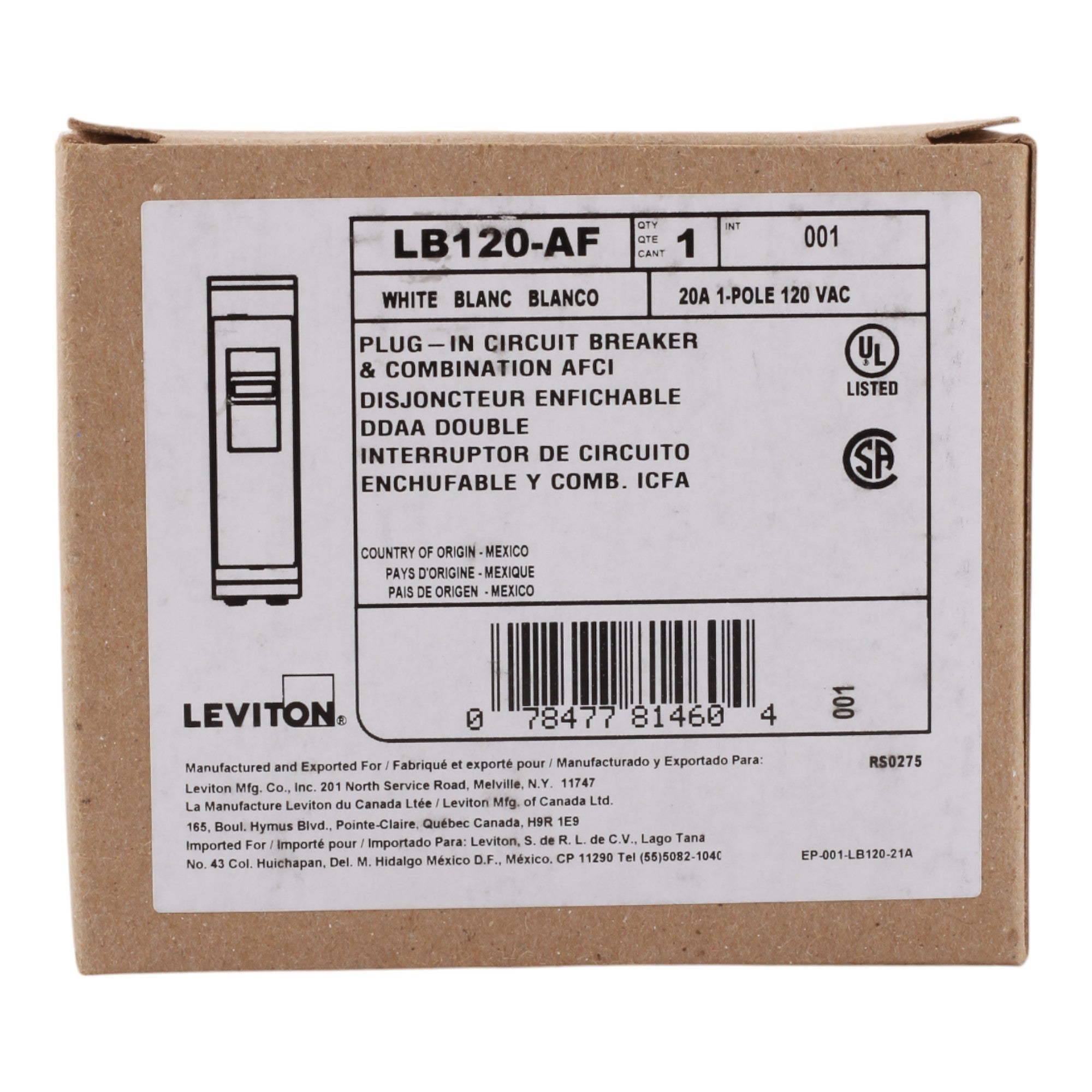 Leviton LB120-AF 20A 1P 120V AFCI Hydraulic-Magnetic Circuit Breaker - Image 3