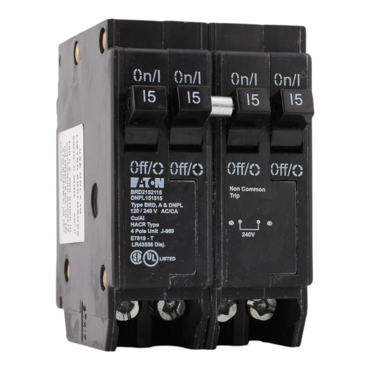 Eaton BRD2152115, 15A, 120/240V, Quad Circuit Breaker, 2 1-Pole, 1 2-Pole, Plug-In, for Eaton, Bryant, Westinghouse Panels