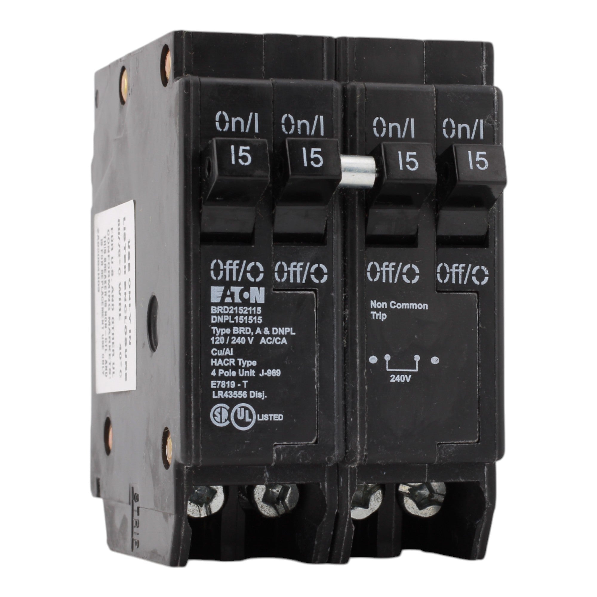 Eaton BRD2152115, 15A, 120/240V, Quad Circuit Breaker, 2 1-Pole, 1 2-Pole, Plug-In, for Eaton, Bryant, Westinghouse Panels