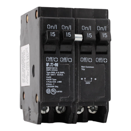 Eaton BRD2152115, 15A, 120/240V, Quad Circuit Breaker, 2 1-Pole, 1 2-Pole, Plug-In, for Eaton, Bryant, Westinghouse Panels