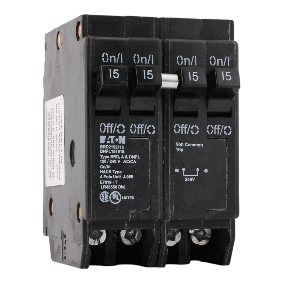 Eaton BRD2152115, 15A, 120/240V, Quad Circuit Breaker, 2 1-Pole, 1 2-Pole, Plug-In, for Eaton, Bryant, Westinghouse Panels