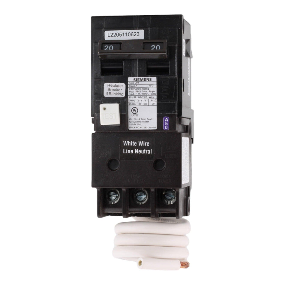 Siemens QF220A 20 Amps 120/240 Volts Double Pole Ground Fault Circuit Breaker (GFCI), Pigtail Neutral for QP Panels - Image 2