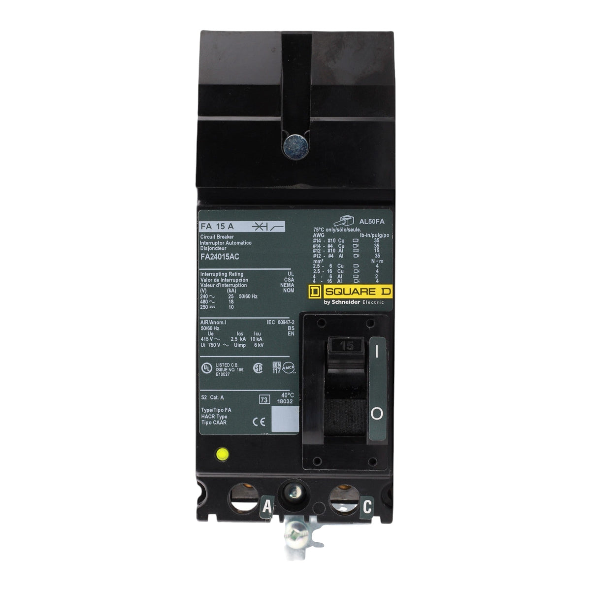 Square D FA24015AC 15A 2P 480V Thermal-Magnetic I-Line Circuit Breaker - Image 6