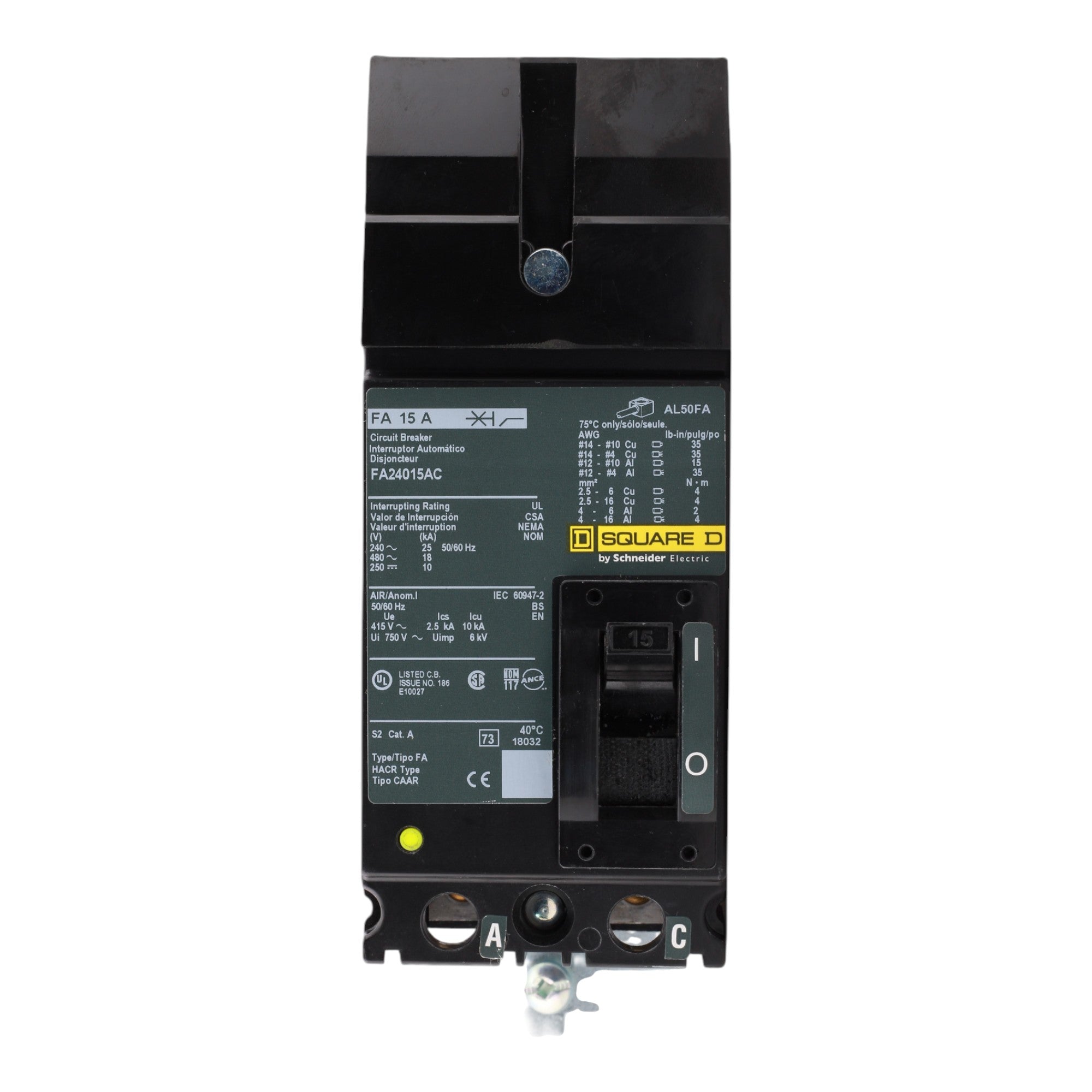 Square D FA24015AC 15A 2P 480V Thermal-Magnetic I-Line Circuit Breaker - Image 6