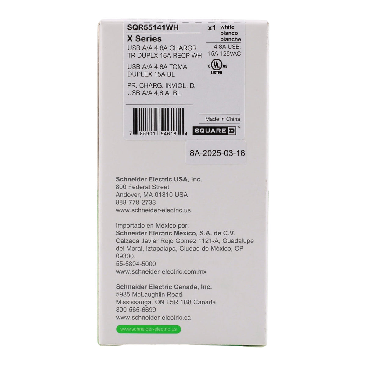 Square D X Series, SQR55141WH, 15A, 125V, USB-A/A, Duplex, Tamper Resistant, Outlet - Image 10